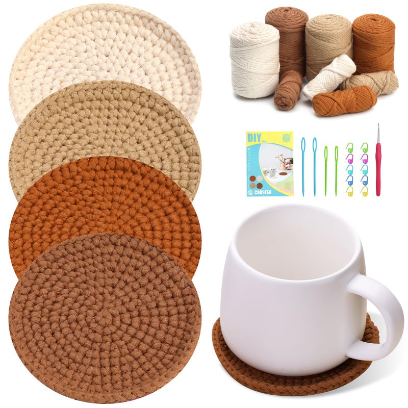 UzecPk Crochet Kit for Beginners  Knitting Kit  4 Pcs Crochet Coasters Kits with Crochet Yarn  Crochet Hook  Step-by-Step Instructions Video  Crochet Supplies Set Craft Kits for Adults - Image 1